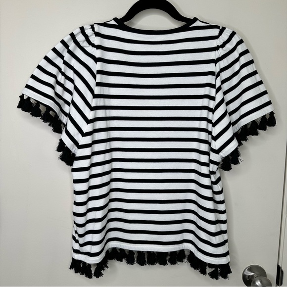 Kate Spade Black and Off White Stripe Flutter Sleeve Tassel Top - Picture 8 of 9